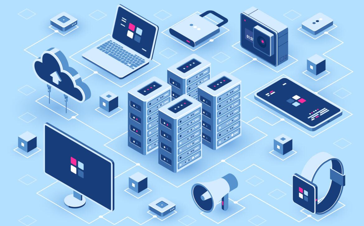 Computer technology isometric icon, server room, digital device set, element for design, pc laptop, mobile phone with smartwatch, cloud storage, flat vector